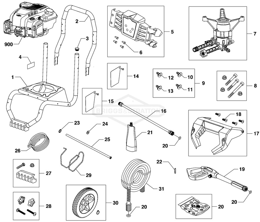 Briggs & Stratton pressure washer model 020773 replacement parts, pump breakdown, repair kits, owners manual and upgrade pump.